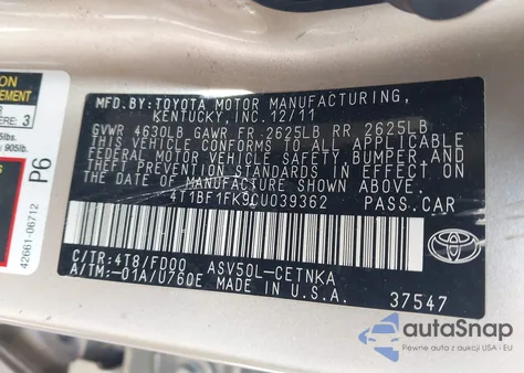 2012 Toyota Camry Le z USA, uszkodzony, nr VIN 4T1BF1FK9CU039362